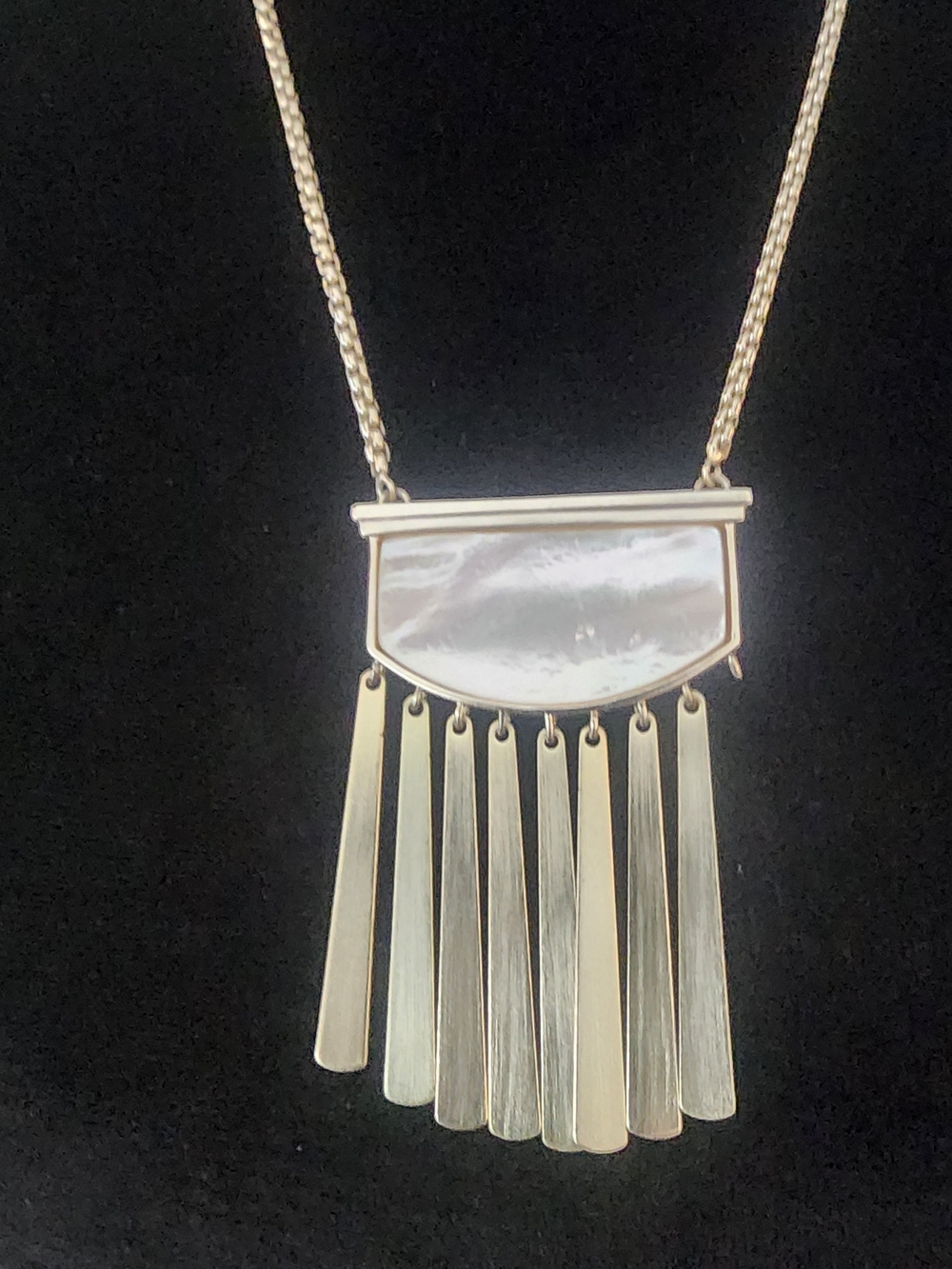 Gold Fringe Pendant Necklace with Mother-of-Pearl Inlay . One Missing Link - Picture 4 of 15